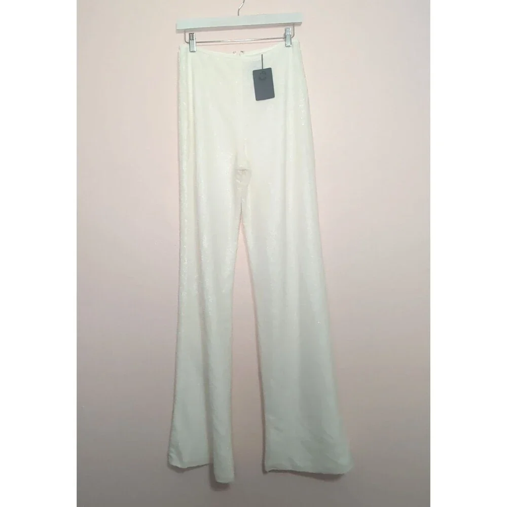 Black Halo Eve Size 8 White Sequin High Waisted Pants Formal Evening Bridal - Picture 3 of 12